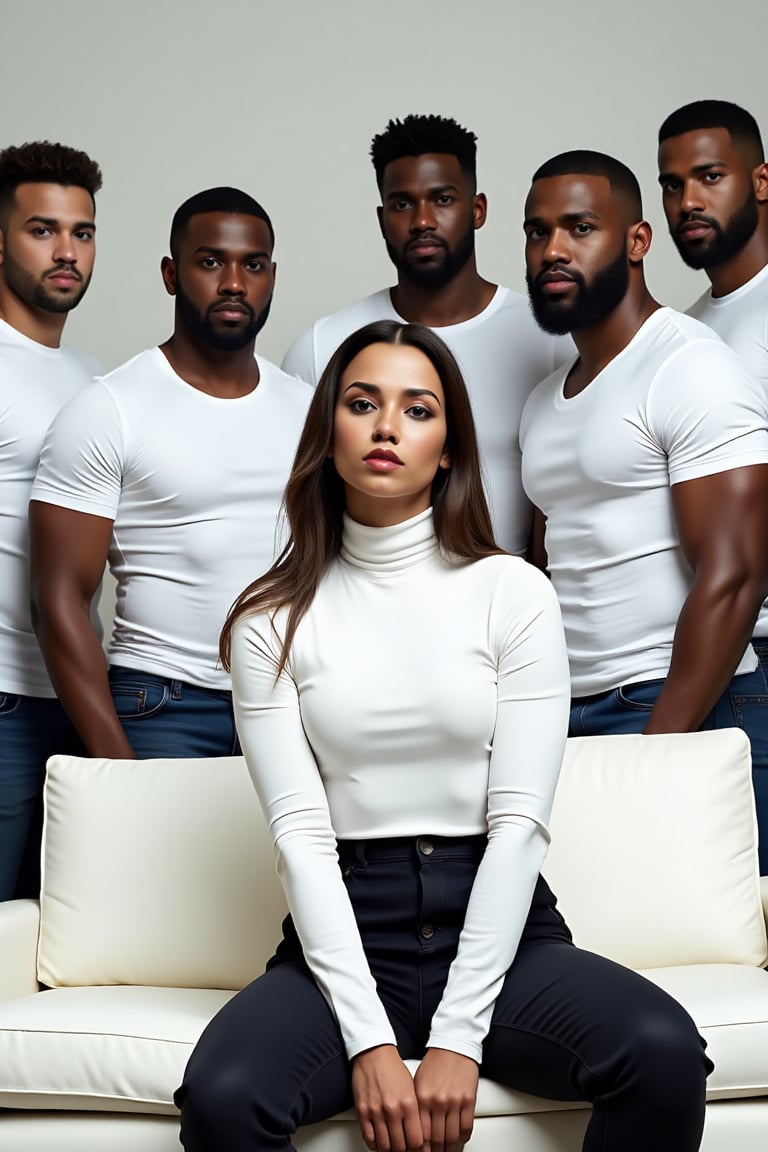 (((Sophie XDT a white woman,  a stunning woman with an elegant presence,  sits on a white couch))). She wears a fitted tur...