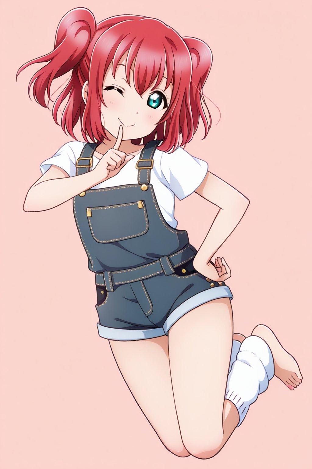 (llas, masterpiece, very aesthetic, absurdres, best quality:1.1),

1girl, kurosawa ruby, looking at viewer,

smile, closed mouth, one eye closed,

(jumping, legs together),

denim overalls, micro shorts, leg warmers, barefoot,

index finger raised, finger on mouth, hand on hip,

(simple background:1.45),