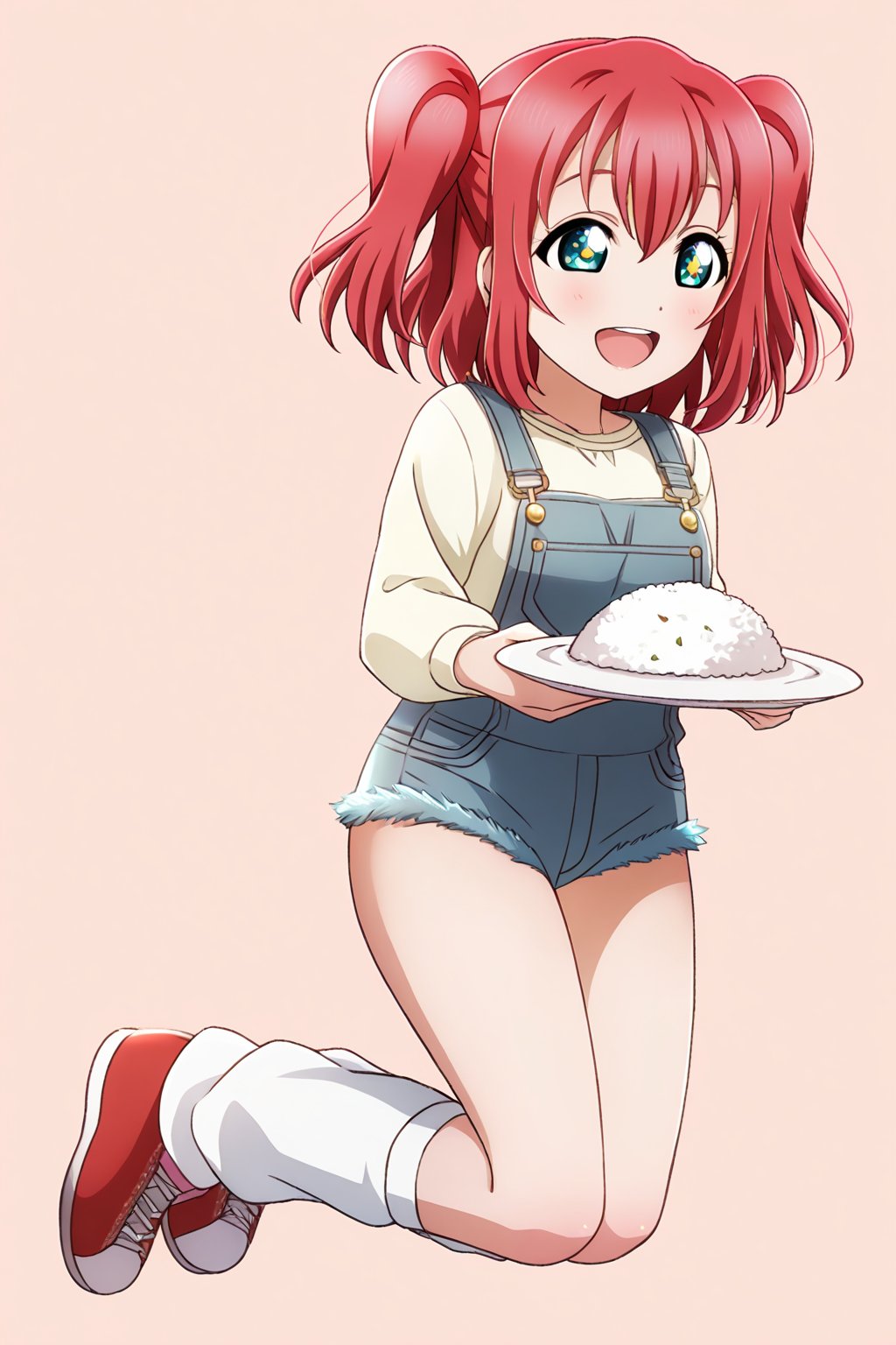 (llas, masterpiece, very aesthetic, absurdres, best quality:1.1),

1girl, kurosawa ruby, looking at another,

smile, open mouth,

(jumping, legs together),

denim overalls, micro shorts, leg warmers, footwear,

(holding plate, rice on a plate), star-shaped pupils,

(simple background:1.45),