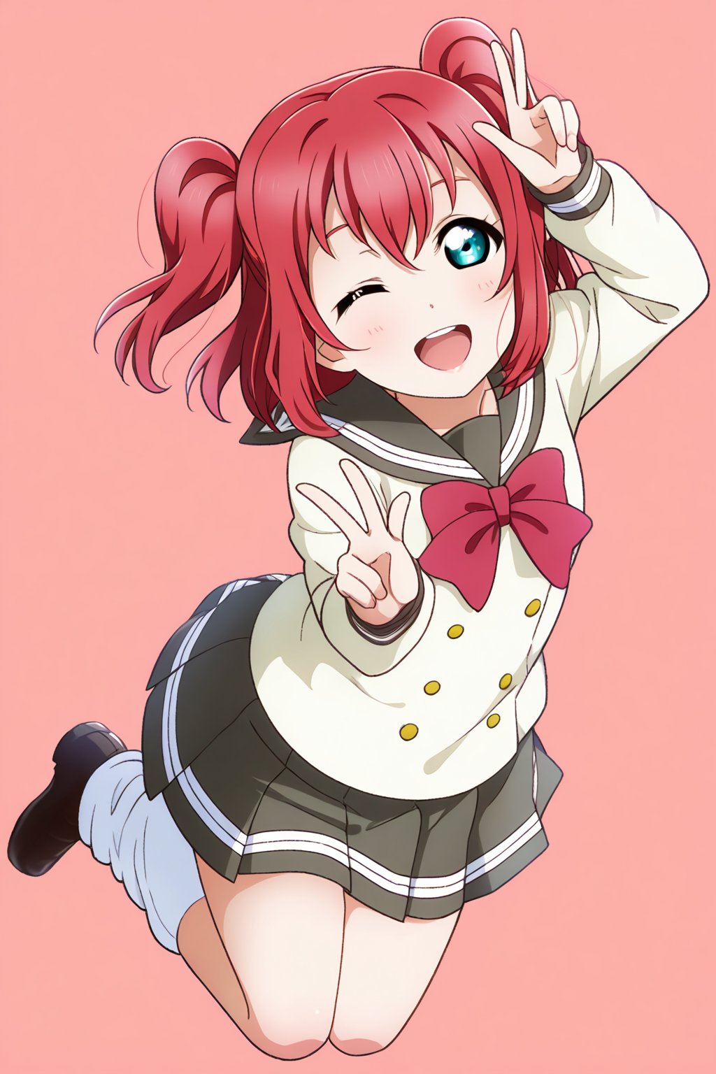 (llas, masterpiece, very aesthetic, absurdres, best quality:1.1),

1girl, kurosawa ruby, looking at viewer,

smile, open mouth, one eye closed,

(jumping, legs together),

(urawin, uranohoshi winter uniform:1.2), long sleeves, white serafuku, leg warmers, loafers,

peace sign,

(simple background:1.45),