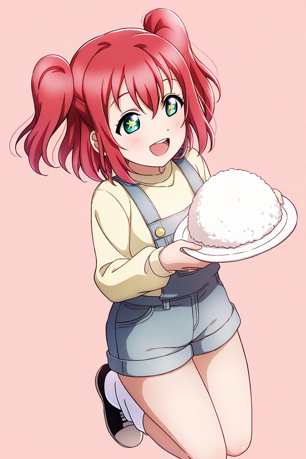 (llas, masterpiece, very aesthetic, absurdres, best quality:1.1),

1girl, kurosawa ruby, looking at another,

smile, open mouth,

(jumping, legs together),

denim overalls, micro shorts, leg warmers, footwear,

(holding plate, rice on a plate), star-shaped pupils,

(simple background:1.45),