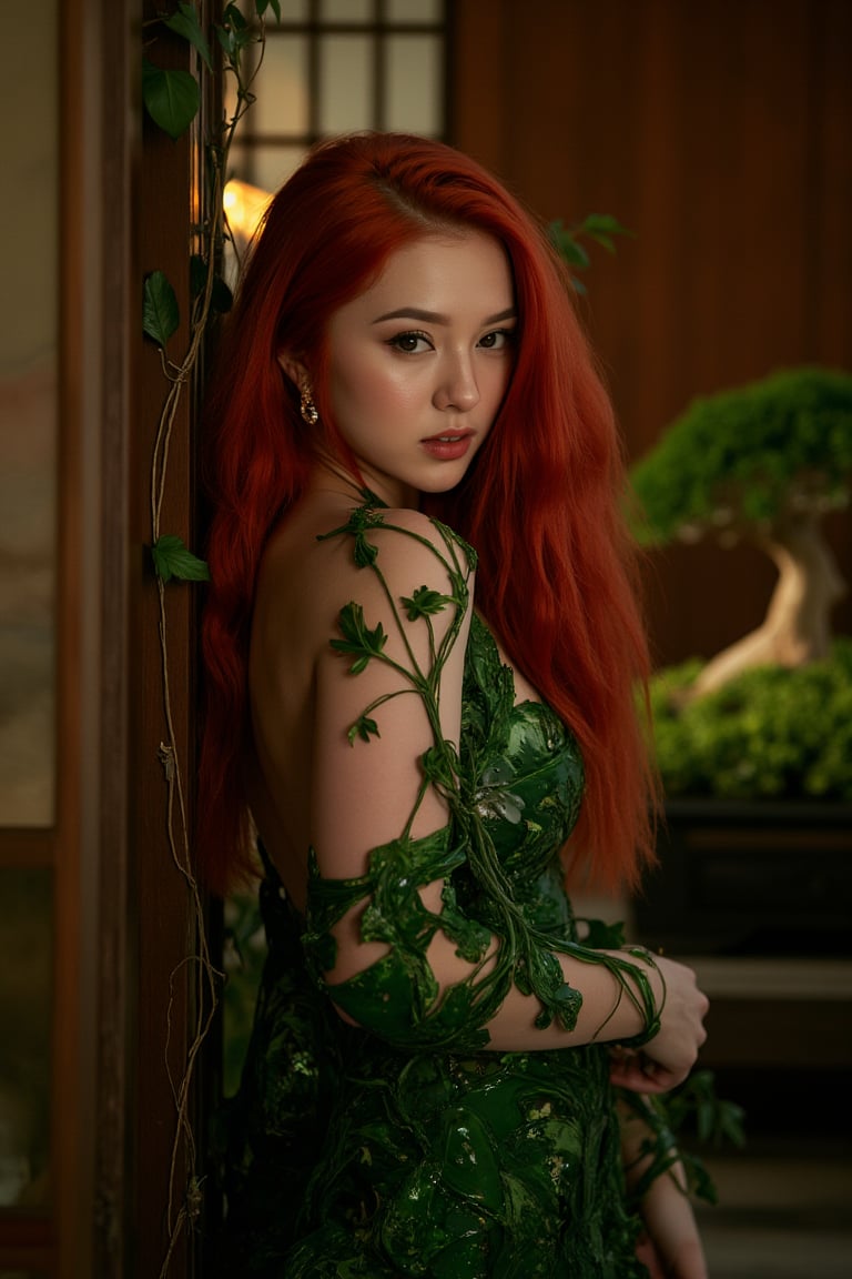 Beautiful woman resembling Poison Ivy behind high-end. Wearing revealing dress made of living plants, vines, and leaves. Long, flowing red hair with green highlights. Pale green skin. sensual movements. Provocative gaze directly at viewer. Background: luxurious Japanese outdoor, dim warm lighting. Bonsai trees, ikebana arrangements visible. Ivy tendrils creeping along. Photorealistic style with fantasy elements. Sharp focus on Ivy, slight blur on background. Color palette: rich greens, wood tones, pops of red and white. Soft, warm lighting emphasizing curves and creating mysterious atmosphere.