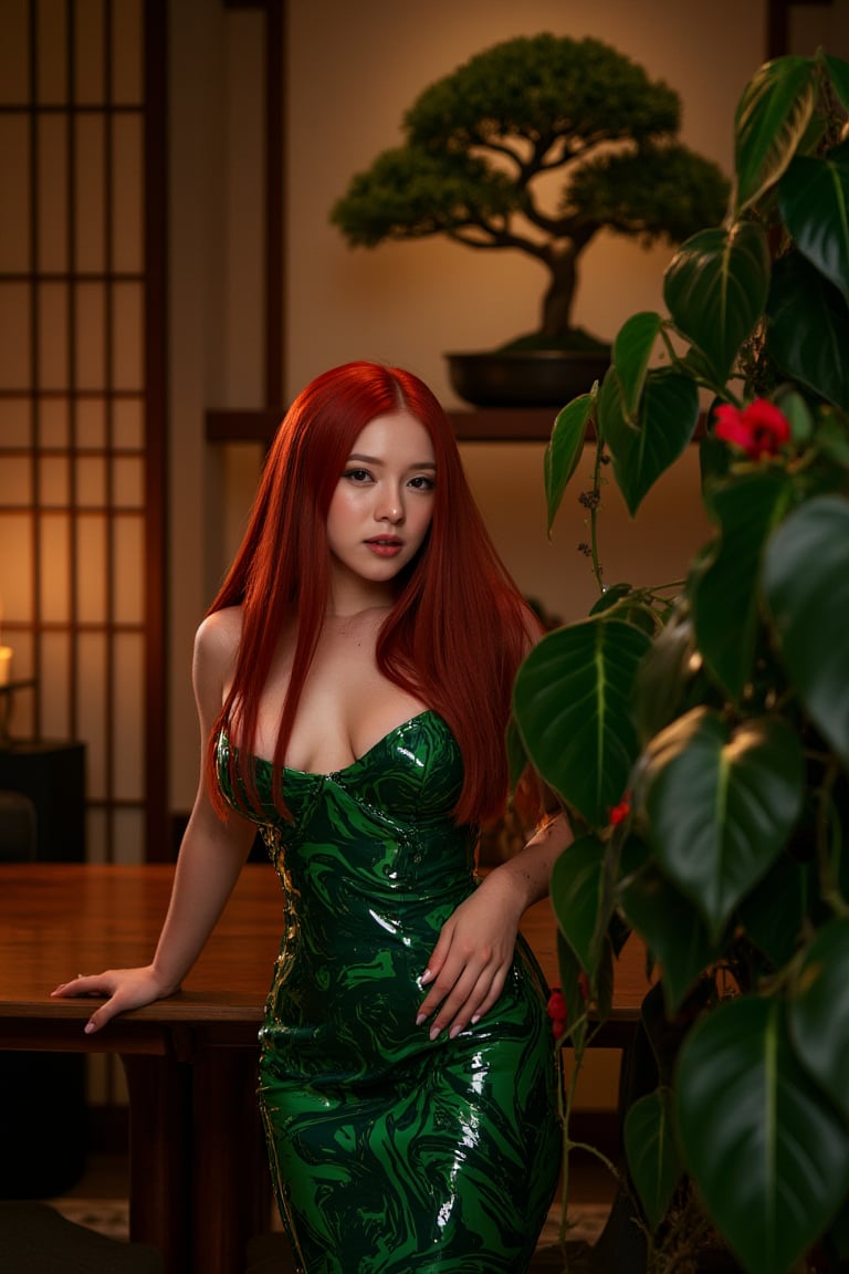 Beautiful woman resembling Poison Ivy behind high-end. Wearing revealing dress made of living plants, vines, and leaves. Long, flowing red hair with green highlights. Pale green skin. sensual movements. Provocative gaze directly at viewer. Background: luxurious Japanese outdoor, dim warm lighting. Bonsai trees, ikebana arrangements visible. Ivy tendrils creeping along. Photorealistic style with fantasy elements. Sharp focus on Ivy, slight blur on background. Color palette: rich greens, wood tones, pops of red and white. Soft, warm lighting emphasizing curves and creating mysterious atmosphere.