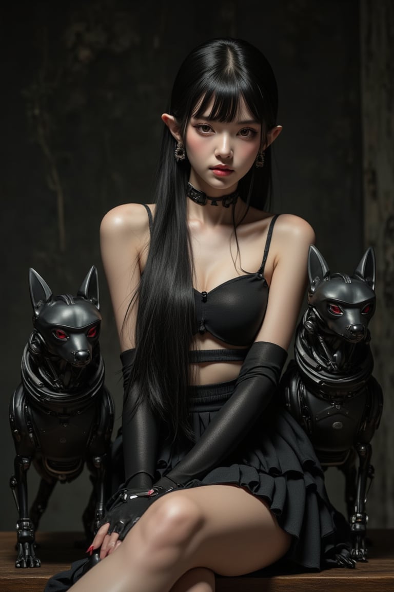 (masterpiece, ultra-realistic, 32k resolution, HDR, best quality, photorealistic). A stunning 20-year-old Asian girl with long, sleek black hair, blunt bangs, and striking red eyes, sitting confidently alongside two robotic dogs resembling Boston Dynamics models. She has delicate elf ears, adding a touch of fantasy to her appearance. Her pale skin contrasts with her dark, cyberpunk-inspired Japanese clothing, which includes a pleated skirt, thigh strap, and detailed jewelry such as earrings and a choker. Her nails are painted black and red, adding to the dark fantasy aesthetic. She wears traditional Japanese geta sandals with platform heels, The cinematic scene captures her in a movie-still style, with a film grain effect and slight blur to evoke a low-resolution 1980s movie screengrab. Despite the retro aesthetic, the high-quality details of her skin, clothing, and the robotic dogs create a sharp contrast. The background is dark, with subtle cyberpunk elements, enhancing the atmosphere of the scene. The lighting is soft and moody, highlighting her features and the sleek, mechanical design of the robotic dogs, while maintaining a sense of mystery and power.,ct-skyzo_identity