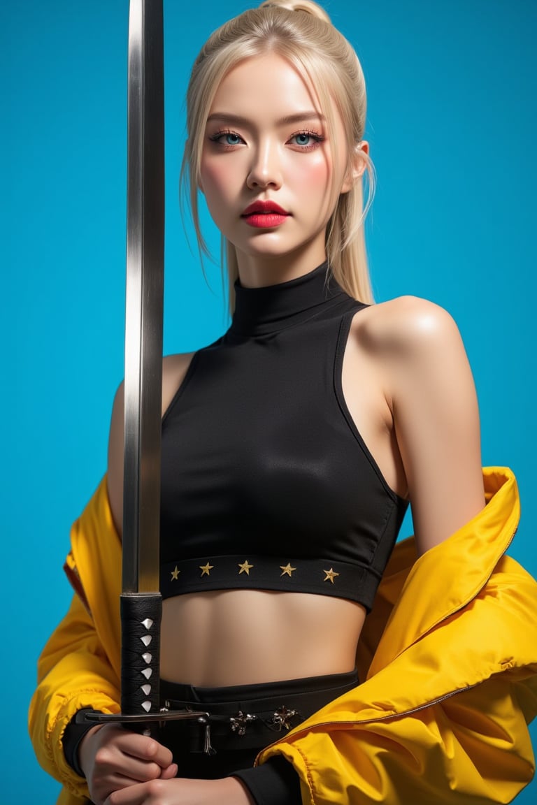 (masterpiece, high quality, ultra-realistic, 8k resolution, fine lineart, highly detailed). A stunning Asian woman with long blonde hair, tied back in a ponytail, stands confidently while holding a large katana in her right hand. She is wearing a sleek black outfit with a yellow jacket draped over her shoulders. Her eyes are a striking blue, and her lips are painted a deep red, creating a vibrant contrast with her outfit. She wears a black leather belt adorned with yellow stars, adding a unique touch to her look. The backdrop is a vibrant blue, which further enhances the contrast between her outfit and the scene, making her stand out. The overall composition captures her strength and confidence, with the sword held firmly in her hand, ready for action. The lighting highlights the textures of her jacket, belt, and sword, making the scene feel dynamic and full of energy.,ct-skyzo_identity