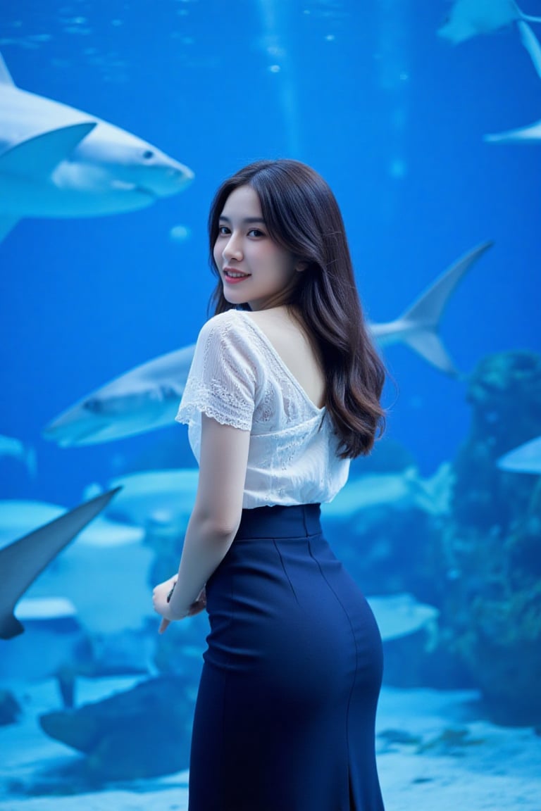 A young woman stands in front of a large aquarium, with various marine animals, including sharks and rays, swimming in the blue water behind her. She is turned slightly, looking back toward the camera with a gentle smile, creating a warm connection with the viewer. Her outfit is elevated to feature a stylish, fitted white blouse with delicate lace details, paired with a high-waisted navy blue skirt that adds sophistication. The lighting highlights her silhouette against the vibrant underwater scene, enhancing the depth and beauty of both the model and her surroundings.