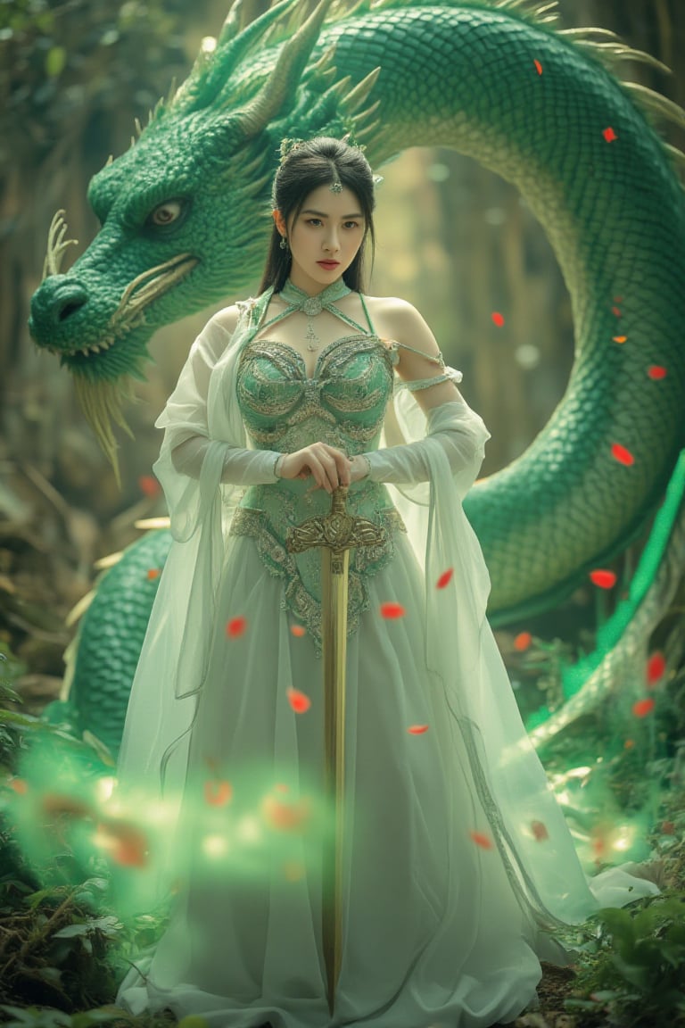 Masterpieces, best quality. A beautiful Asian woman. A powerful and elegant warrior princess stands confidently, holding a glowing golden sword at her center. She is adorned in an intricately designed white and green armor-like gown with flowing, sheer fabrics and delicate details that reveal her grace and strength. Her long, black hair is styled elegantly with an ornate headpiece, and her expression is fierce and focused. Surrounding her is a large, mystical, green dragon coiled in a protective manner, its scales shimmering with light, creating an ethereal aura. Red petals drift through the air, enhancing the mystical and majestic atmosphere. The scene is magical and intense, exuding a blend of beauty, power, and ancient mythology.,Fantasy detailers 