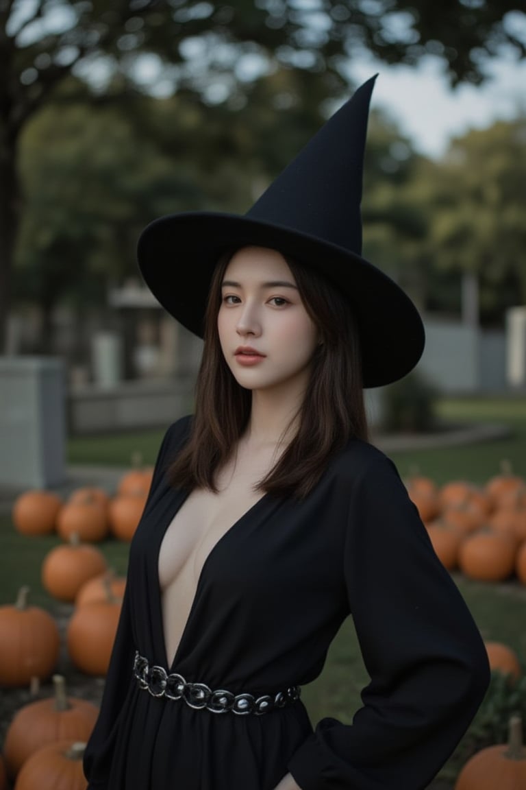 Chinese girl, 25 years old, wearing a black witch costume with a slit at the chest,
In the cemetery with pumpkins, halloween day, scary atmosphere,
key light, rim light, warunee, soft focus