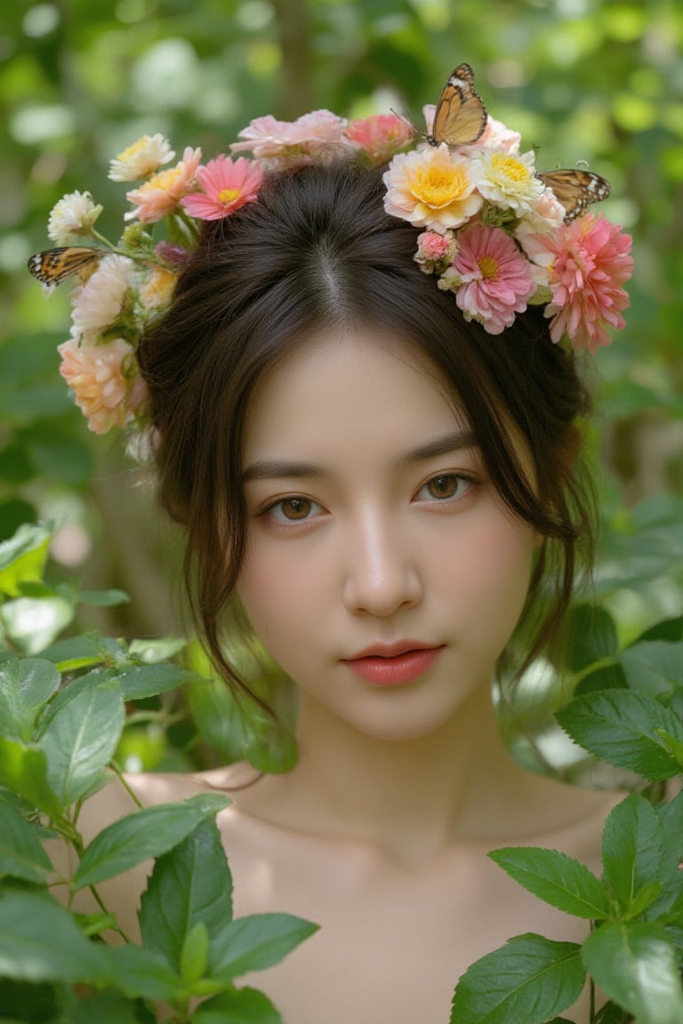 a woman with flowers and butterflies in her hair, realistic fantasy render, highly detailed green leaves, stunning artwork, realistic body features and face, femalev beauty, detailed dress and face, fairy dust, realistic female faces, with dappled light