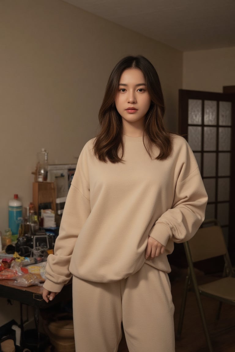 A young woman stands indoors, wearing an oversized beige sweatshirt and matching sweatpants, giving off a relaxed and casual vibe. Her long, wavy hair falls naturally over her shoulders, framing her face with a soft, slightly melancholic expression. The setting has a vintage feel, with a cluttered table in the background holding several items, including bottles and an old camera. There are also some snack bags and a folding chair nearby. The dim, warm lighting and muted colors create an intimate, nostalgic atmosphere.