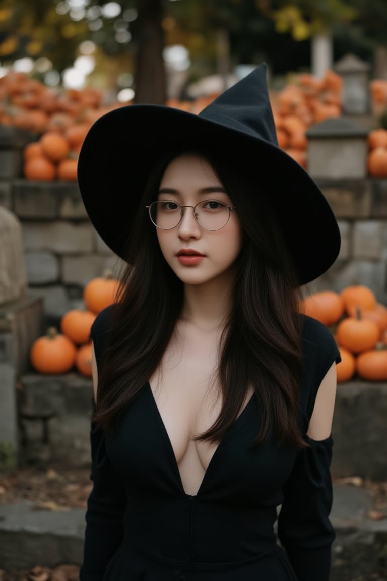 Chinese girl, 25 years old, wearing glasses, wearing a black witch costume with a slit at the chest,
In the cemetery with pumpkins, halloween day,
key light, rim light, warunee, soft focus