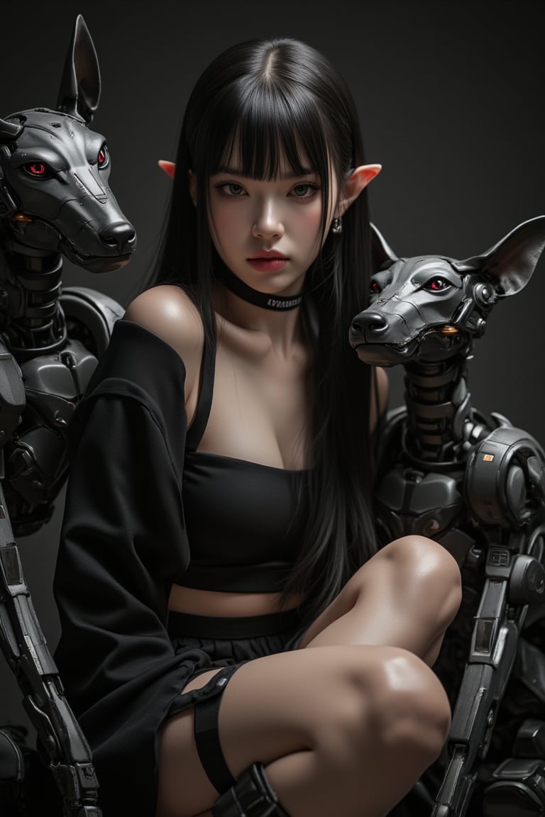 (masterpiece, ultra-realistic, 32k resolution, HDR, best quality, photorealistic). A stunning 20-year-old Asian girl with long, sleek black hair, blunt bangs, and striking red eyes, sitting confidently alongside two robotic dogs resembling Boston Dynamics models. She has delicate elf ears, adding a touch of fantasy to her appearance. Her pale skin contrasts with her dark, cyberpunk-inspired Japanese clothing, which includes a pleated skirt, thigh strap, and detailed jewelry such as earrings and a choker. Her nails are painted black and red, adding to the dark fantasy aesthetic. She wears traditional Japanese geta sandals with platform heels, The cinematic scene captures her in a movie-still style, with a film grain effect and slight blur to evoke a low-resolution 1980s movie screengrab. Despite the retro aesthetic, the high-quality details of her skin, clothing, and the robotic dogs create a sharp contrast. The background is dark, with subtle cyberpunk elements, enhancing the atmosphere of the scene. The lighting is soft and moody, highlighting her features and the sleek, mechanical design of the robotic dogs, while maintaining a sense of mystery and power.,ct-skyzo_identity