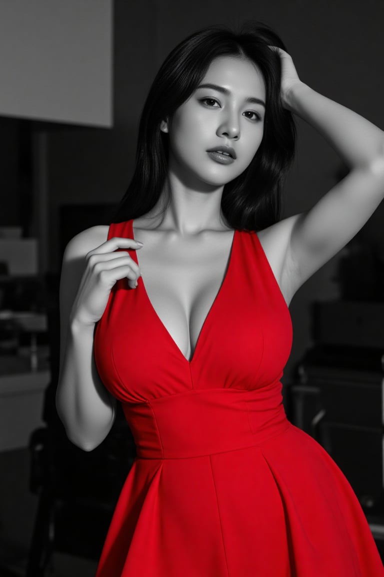 Black and white photograph of a beautiful, sexy Thai woman in 1990s style. Strong contrast highlights her curves and classic elegance. Despite the monochrome tone, her vibrant red dress stands out vividly, as if in color, with retro details like a cinched waist and full skirt. Her pose is confident and flirtatious, evoking timeless glamour. High contrast shadows enhance the vintage atmosphere. Photorealistic, cinematic lighting.