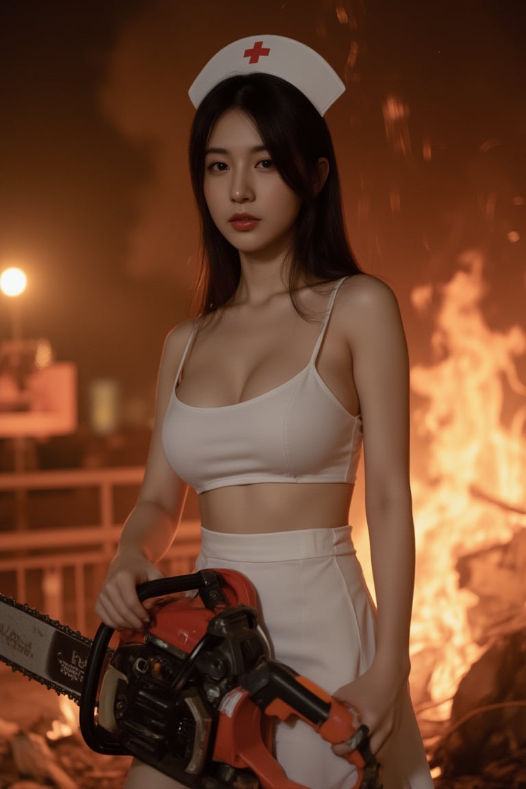 Chinese girl, 25 years old, black long hair,
Wearing a sexy nurse outfit,
hold chainsaw,
There is a fire burning in the background,
key light, rim light, cowboy_shot, warunee,