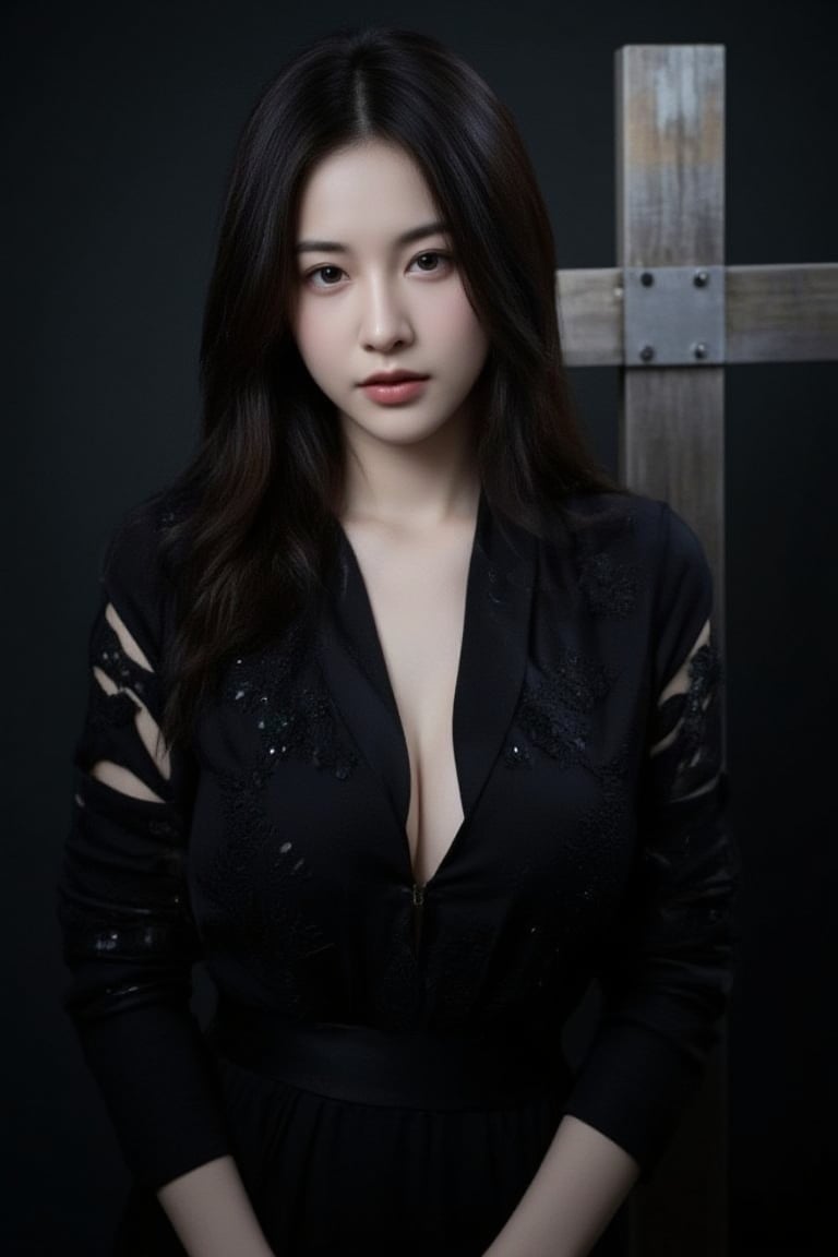 Chinese girl, 25 years old, wearing a black witch costume with a slit at the chest, 
Behind there stood a large cross,
key light, rim light, warunee, soft focus