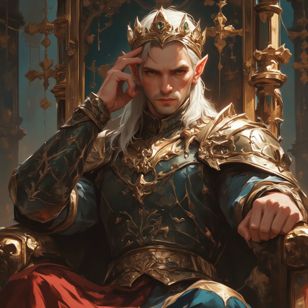 Prompt: Prompt: score_9, score_8_up, score_7_up, detailed illustration, Setting is a castle. Elven king sitting on throne. Head on hand. Long hair, elf ears. Handsome. Wearing royal outfit and crown. Extremely high detail, digital art style, fantasy art style, drawn aesthetics, semirealistic illustration, shiny/glossy, natural light, detailed shadows, concept painting, ultrahigh definition, stylized pose, art style by Kuvshinov Ilya and Greg Rutkowski.