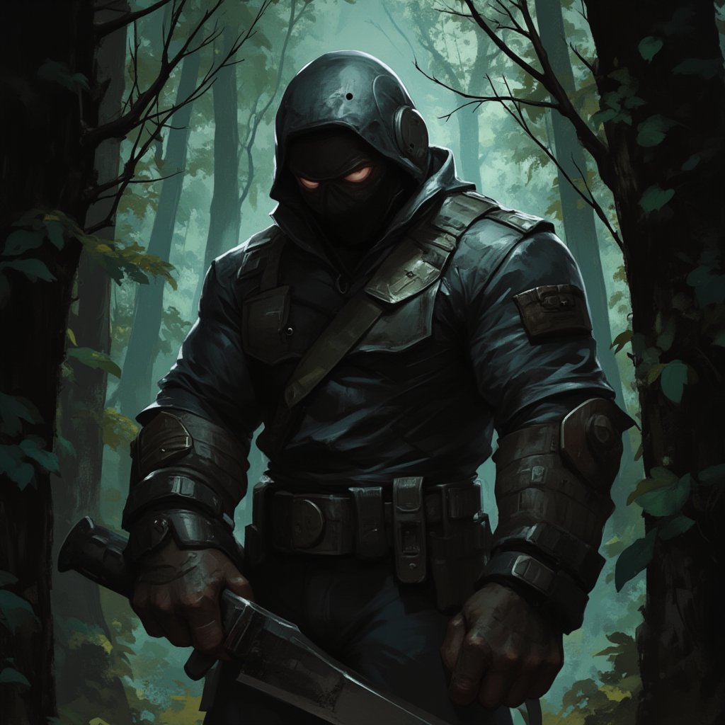 score_9, score_8_up, score_7_up, detailed illustration, The setting is a dark forest. An intimidating man wearing a ski mask is holding a machete. He is muscular and rugged looking. Horror Slasher. Extremely high detail, digital art style, fantasy art style, drawn aesthetics, semirealistic illustration, shiny/glossy, natural light, detailed shadows, concept painting, ultrahigh definition, stylized pose, art style by Kuvshinov Ilya and Greg Rutkowski.