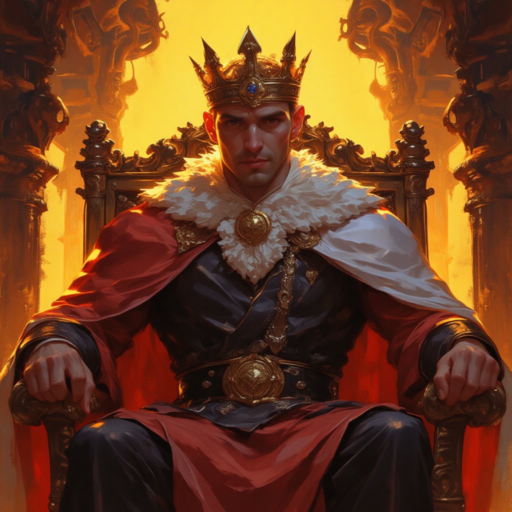 Prompt: Prompt: score_9, score_8_up, detailed illustration, Setting is a castle. King sitting on throne. Handsome. Wearing royal outfit and crown. Extremely high detail, digital art style, fantasy art style, drawn aesthetics, semirealistic illustration, shiny/glossy, warm light, detailed shadows, concept painting, ultrahigh definition, stylized pose, art style by Kuvshinov Ilya and Greg Rutkowski.