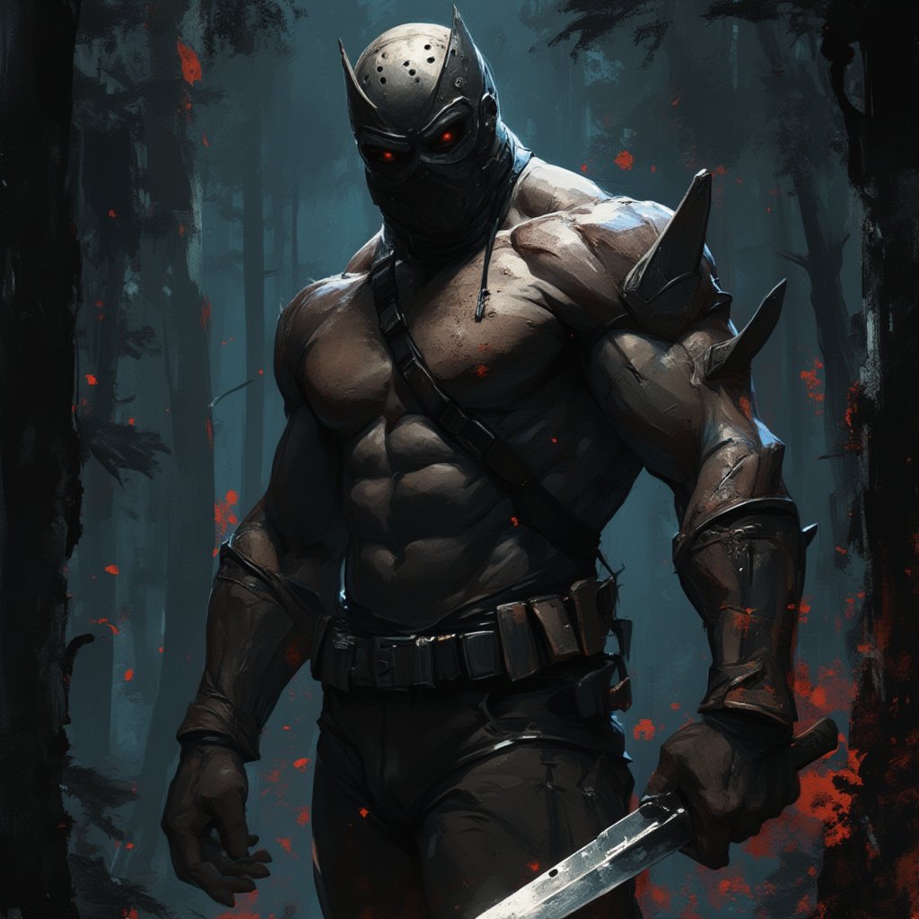 score_9, score_8_up, score_7_up, detailed illustration, The setting is a dark forest. An intimidating man wearing a ski mask is holding a machete. He is muscular and rugged looking. Horror Slasher. Extremely high detail, digital art style, fantasy art style, drawn aesthetics, semirealistic illustration, shiny/glossy, natural light, detailed shadows, concept painting, ultrahigh definition, stylized pose, art style by Kuvshinov Ilya and Greg Rutkowski.