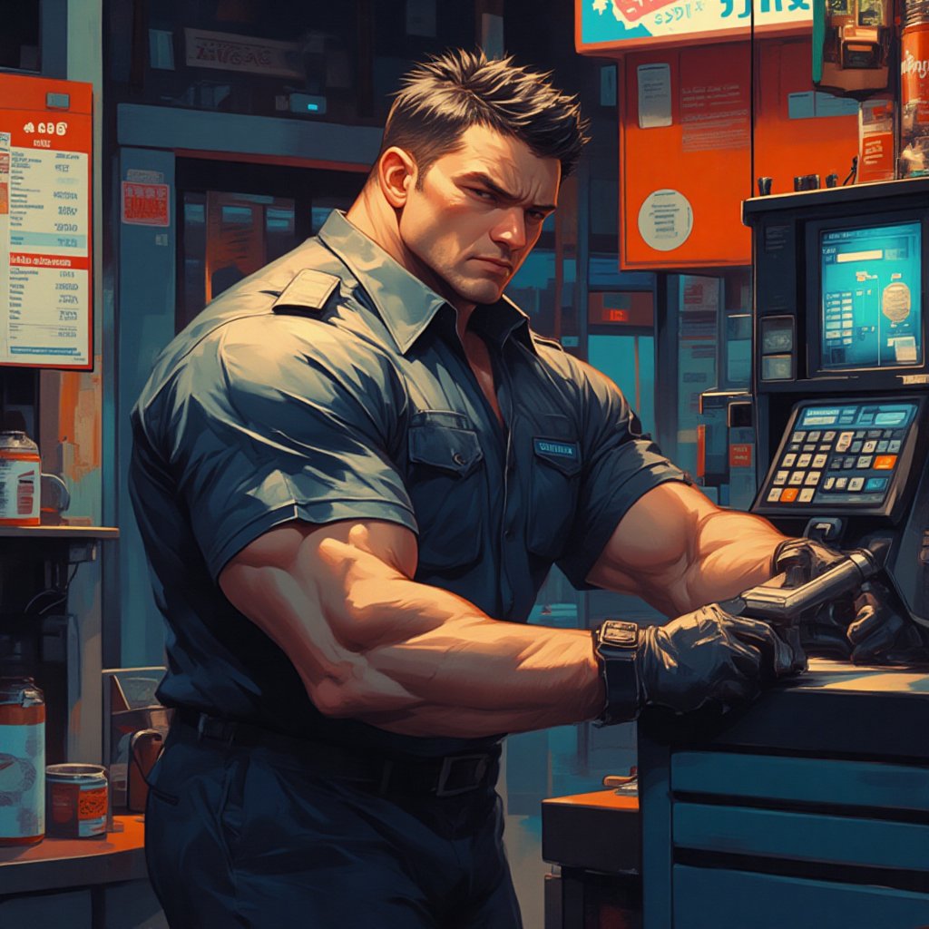 score_9, score_8_up, score_7_up, detailed illustration. Anime illustration of a handsome mature man with masculine face, and muscular figure, working as a cashier at a gas station, standing behind the counter as he checks out items. He wears a retail uniform, looking tired. Digital art style, fantasy art style, drawn aesthetics, semirealistic illustration, shiny/glossy, dark light, detailed shadows, concept painting, ultrahigh definition, stylized pose, art style by Kuvshinov Ilya and Greg Rutkowski.