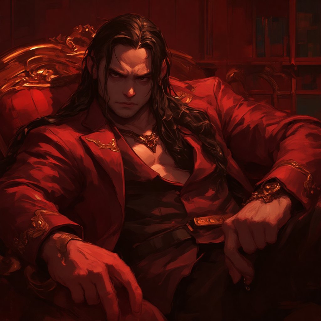 Prompt: score_9, score_8_up, score_7_up, detailed portrait of a man reclining on luxurious couch, deep reds and golds. Long hair. Demon. Handome. Digital art style, fantasy art style, drawn aesthetics, semirealistic illustration, shiny/glossy, dark light, detailed shadows, concept painting, ultrahigh definition, stylized pose, art style by Kuvshinov Ilya and Greg Rutkowski.