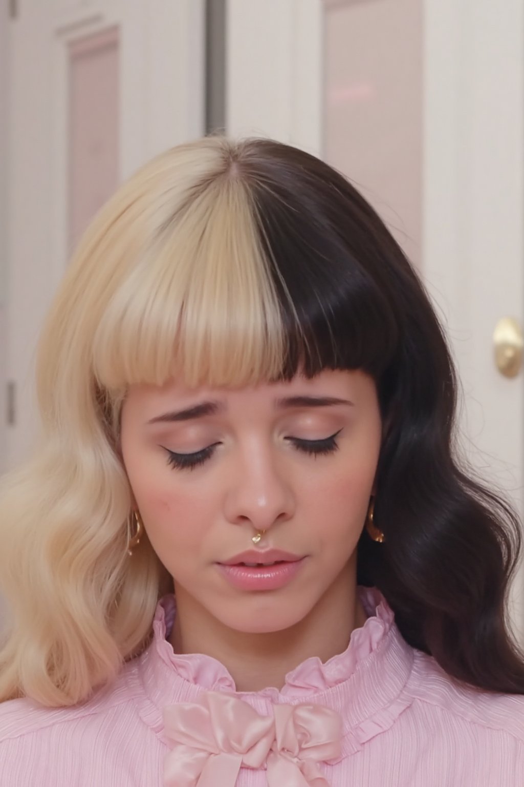 blonde and black long hair,closed eyes,pink shirt,striped shirt