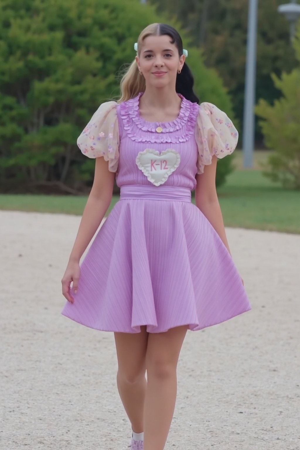 walking,k-12 purple dress,smiling,A woman