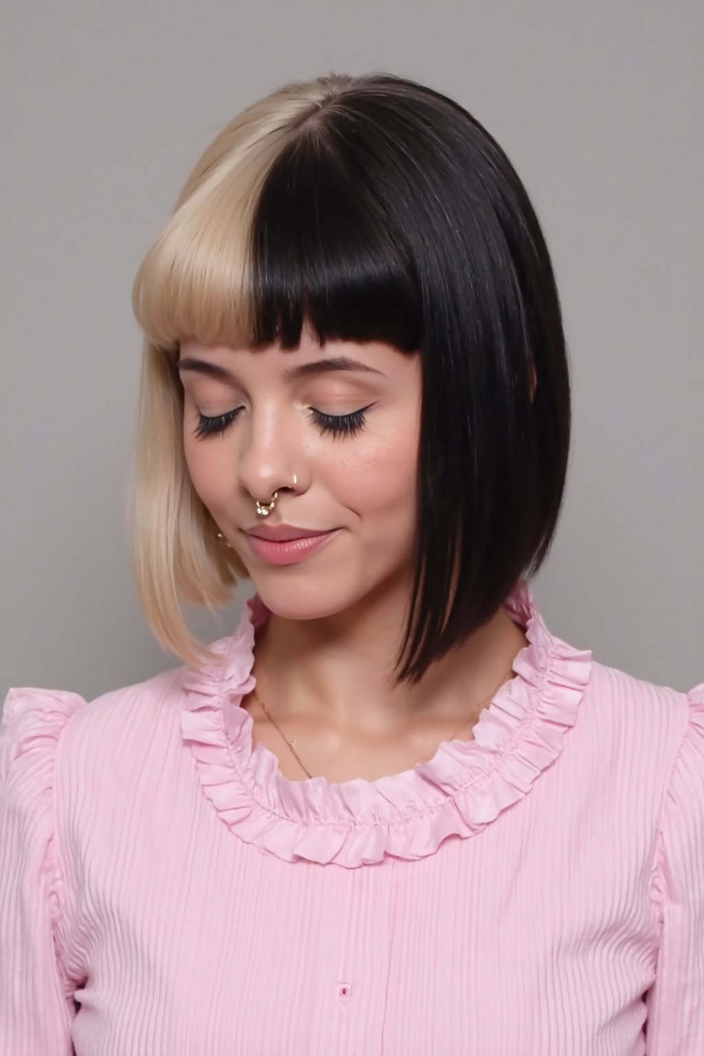 short bangs,blonde and black hair,closed eyes,pink striped blouse