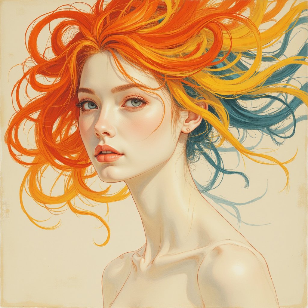 (masterpiece),  minimaliistic, simple line art, painting , best quality,good anatomy, (1 girl), swirling orange yellow blue hair, beautiful, Pierre-Auguste Renoir ~ Paul Peel ~ John Singer Sargent ~ Alexandre-Jacques Chantron ~ John William Godward ~ John William Waterhouse ~ Han-Wu Shen ~ Ishitaka Amano ~ Chakrapan Posayakrit ~ Kim Jung Gi ~ Kei Mieno ~ Ikushima Hiroshi ~ WLOP ~ William-Adolphe Bouguereau ~ Alphonse Mucha ~Luis Royo ~ Jock Sturges photography ~ Range Murata ~ beautiful woman, Ancient Thailand,dashataran,ink ,style