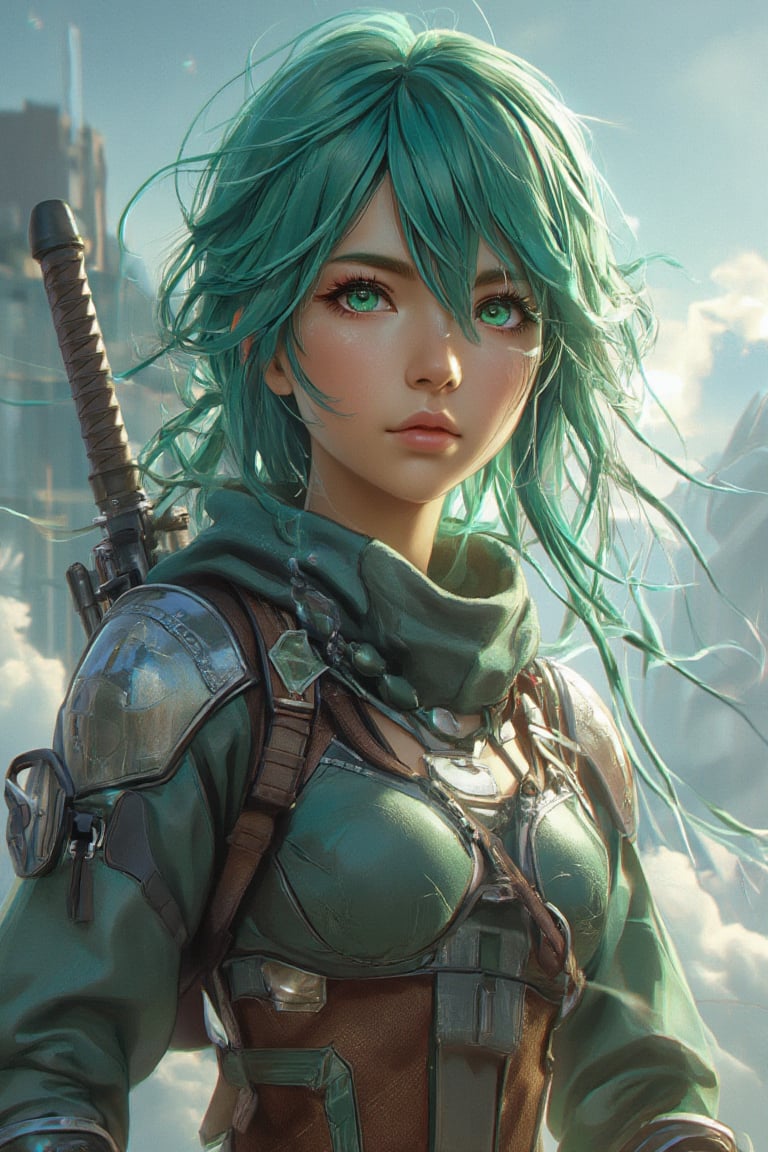 A close-up shot captures the determination etched on the girl's face as she stands strong against the gusts of wind. Her vibrant green locks, adorned with wisps and tangles, are blown back in every direction, framing her features. The futuristic warrior attire, emblazoned with metallic accents, complements her intense gaze. A sleek, high-tech weapon is held firm in her hand as she readies for adventure. The camera zooms in dynamically from above, capturing the dynamic interplay between her hair, outfit, and determined expression.