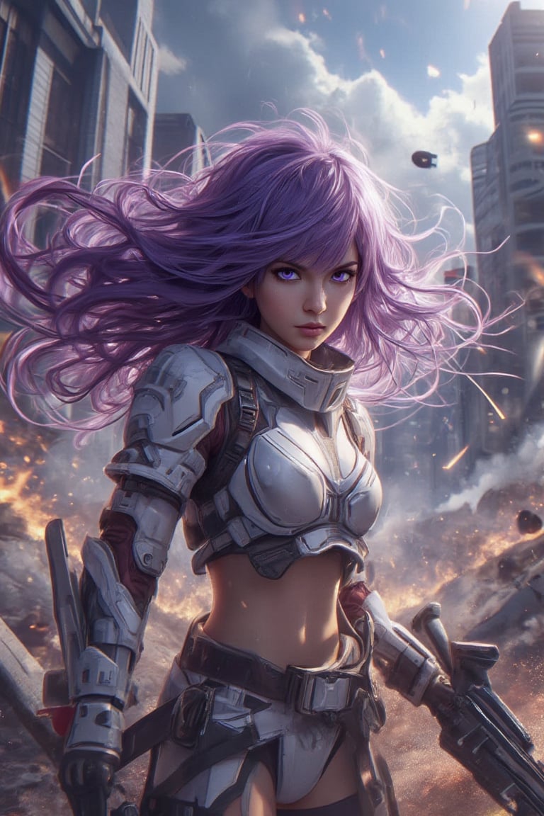 A close-up shot of the girl's determined face as wind whips her vibrant purple hair into a frenzy, her white-tinged warrior outfit glistening in the dimly lit atmosphere. She stands ready for battle, futuristic weapon at the ready, sparks and debris flying wildly around her. Shadowy silhouettes crumble in the background as buildings fall, capturing the dynamic angle view with a sense of urgency and adventure.