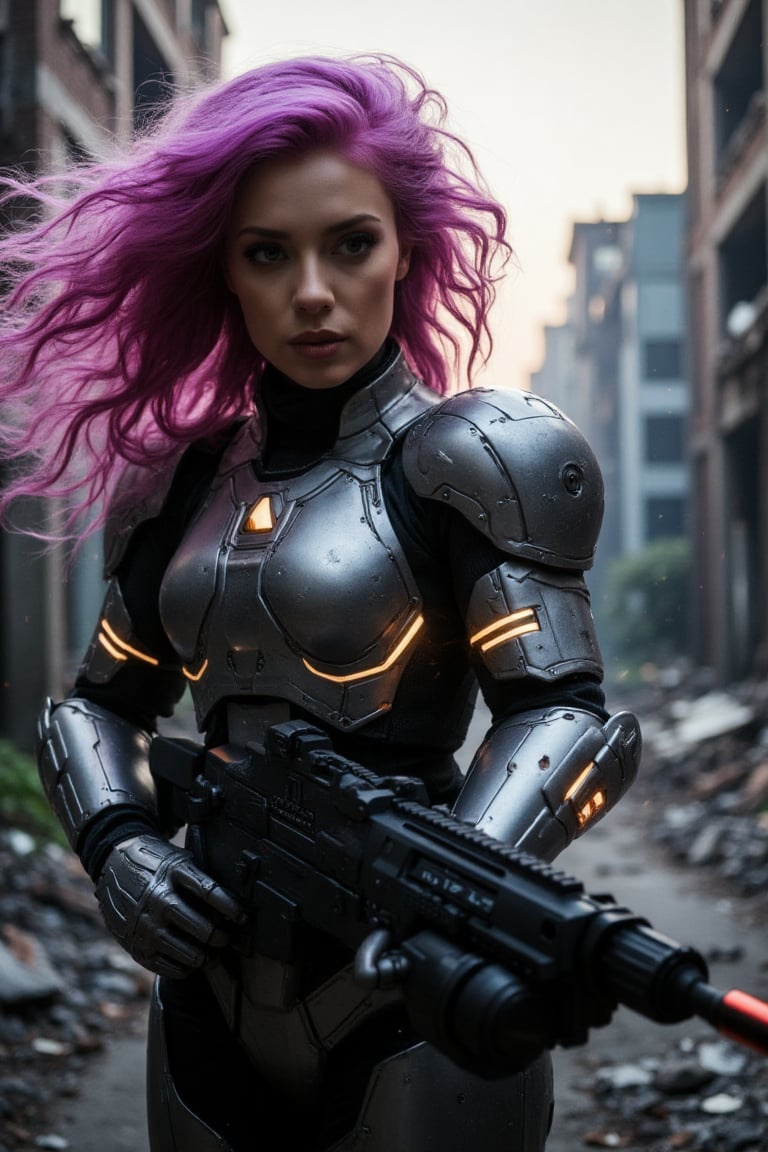 Close-up on the girl's resolute expression as turbulent gusts send her striking pink-purple locks swirling into chaos, wind whipping extra long hair into frenzied curls. Futuristic metal armor with intricate details glows softly in the faintly lit environment, luminous accents aglow like tiny stars. The M16-inspired weapon, oversized and heavy-laden, stands at the ready as she prepares for battle amidst a whirlwind of sparks and debris. In the background, crumbling silhouettes reveal destroyed buildings, captured from a dynamic perspective that conveys urgency and excitement.