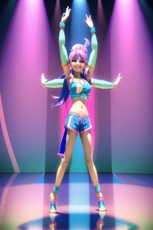 Detailed 3d ai power pose of a lovely girl, smiling with blue, pink hair, head hanging to Bhangra Music in shorts and Bikini!