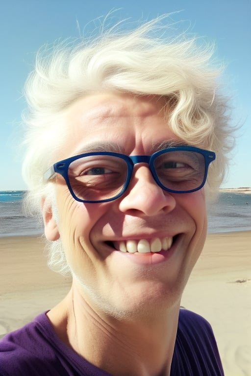 A man with wavy, completely white hair and light skin, wearing bold red-framed glasses, smiles softly against a natural background. His hair has a textured, voluminous flow, and his facial features are gently illuminated by natural sunlight. The background includes a beach with clear blue skies and calm sea waters, enhancing the relaxed and carefree atmosphere. The image should be stylized with a slight artistic touch, maintaining a realistic yet vibrant look, emphasizing the bright colors of the glasses and the serene seaside environment