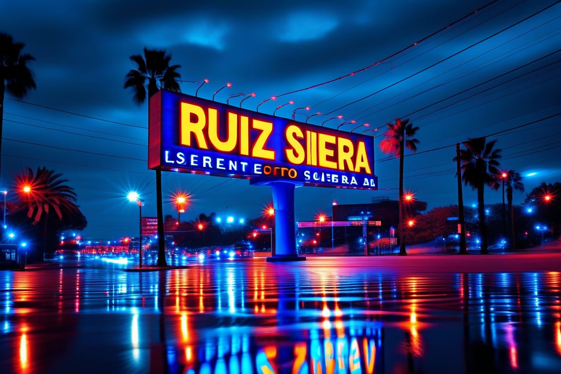 A nighttime cityscape with a large, bold sign reading RUIZ SIERRA in neon lights. The sign's letters and logo are highlighted against a dark blue or purple sky, with twinkling streetlights and building lights reflecting off the wet pavement below. The composition is centered on the massive sign, with a shallow depth of field to emphasize its grandeur.,#krsm,#mstsm