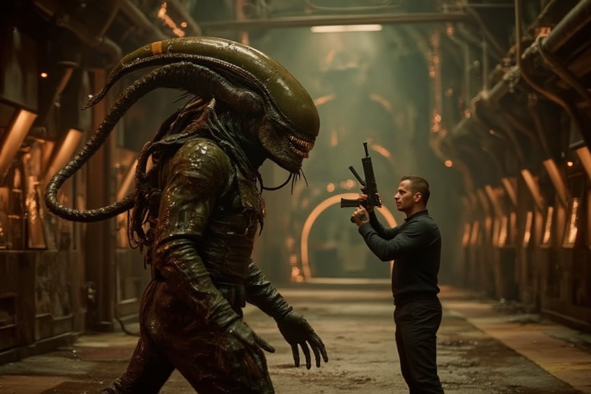 A dramatic action shot of Atta, standing toe-to-toe with a massive Xenomorph Queen, lit by the harsh, flickering lights of a failing reactor room. Captured with a Panavision Millennium DXL2 camera, using an ultra-wide 18mm lens, the scene has an epic, larger-than-life scale. Directed by John Carpenter, the setting is industrial and grimy—pipes burst with steam, sparks fly from damaged control panels, and the stench of burning metal fills the air. Atta, in his battle-worn black armor, braces himself as the Xenomorph Queen towers over him, its elongated head gleaming with slime. His pulse rifle is raised, but his face shows a steely determination to survive this final encounter. The camera captures every detail, from the dripping alien saliva to the torn fabric of Atta’s combat vest, with a tight depth of field highlighting the tension between predator and prey. The low-angle shot enhances the sense of power and scale, while the dramatic, high-contrast lighting gives the scene a sense of imminent danger and explosive energy..,#atta,#$atta1