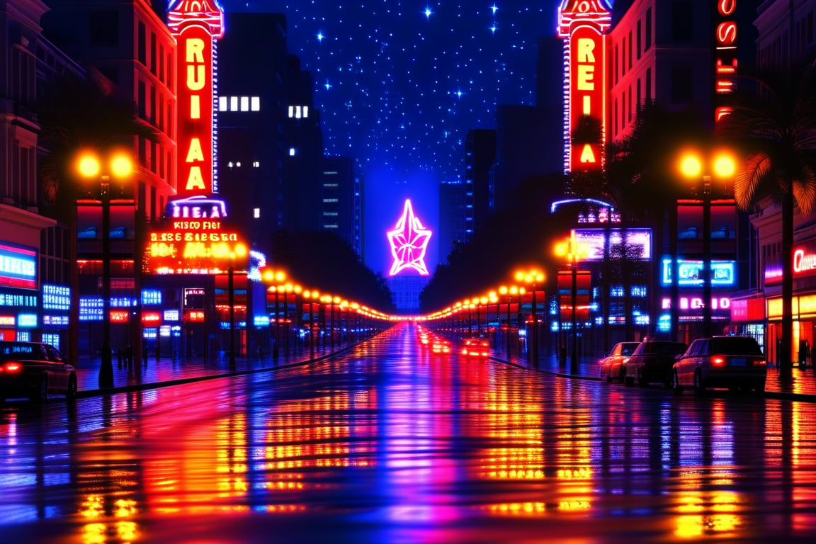 City streets bathed in darkness, except for the colossal neon sign 'RUIZ SIERRA' standing tall against the starry night sky's deep indigo hue. Twinkling streetlights and building lights dance across the wet pavement, casting a mesmerizing glow. The massive sign takes center stage, its bold letters and logo aglow as the city hums with subtle energy.