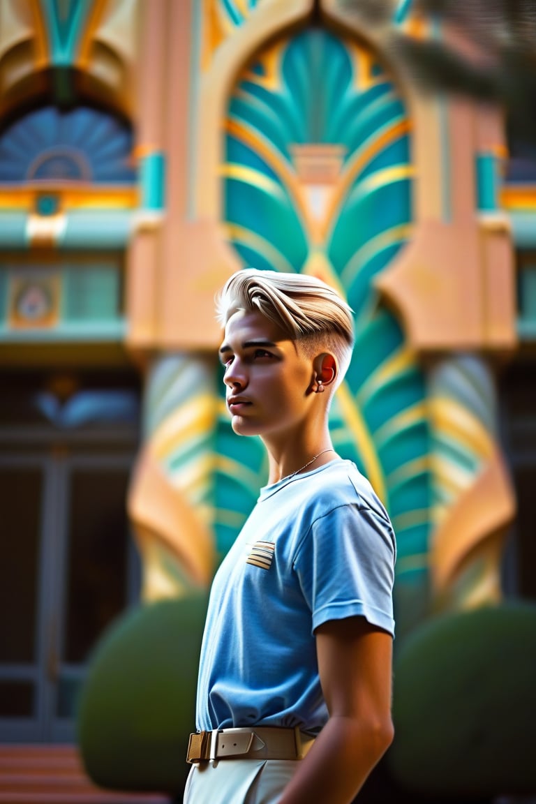 Visualize a young man standing in front of a stunning Art Deco building, its geometric lines and vibrant colors creating a bold backdrop. His short, light blonde hair and confident smile reflect the elegance of the architecture. Use a Fujifilm GFX 100 with a GF 45mm f/2.8 lens, set to f/4 for rich detail and depth. Dressed in a light blue, thinly striped button-up over a white T-shirt, he embodies a modern twist on classic style. Capture the moment as he poses playfully, with a dynamic expression that echoes the vibrancy of the city. The sunlight glints off the building's surfaces, while a fine film grain adds an artistic flair, emphasizing the sophistication of the scene,#attafutu$,#$atta3,#$atta1,#attagraffi$