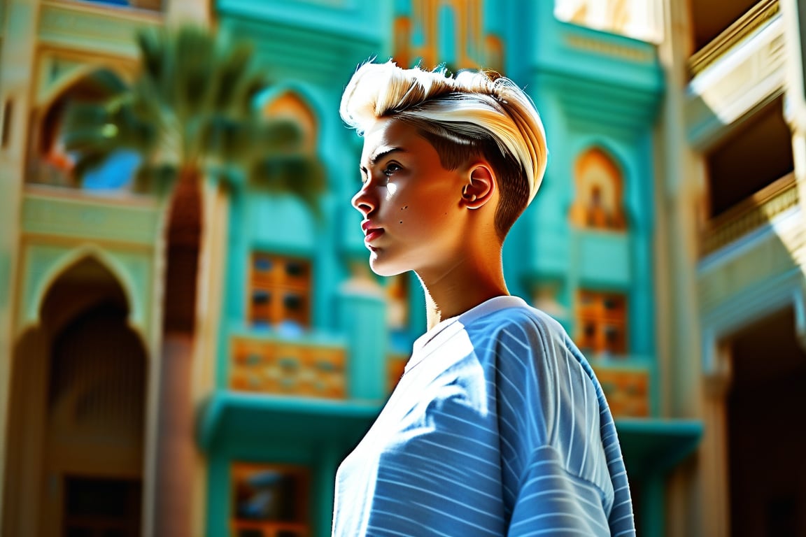 Visualize a young man standing in front of a stunning Art Deco building, its geometric lines and vibrant colors creating a bold backdrop. His short, light blonde hair and confident smile reflect the elegance of the architecture. Use a Fujifilm GFX 100 with a GF 45mm f/2.8 lens, set to f/4 for rich detail and depth. Dressed in a light blue, thinly striped button-up over a white T-shirt, he embodies a modern twist on classic style. Capture the moment as he poses playfully, with a dynamic expression that echoes the vibrancy of the city. The sunlight glints off the building's surfaces, while a fine film grain adds an artistic flair, emphasizing the sophistication of the scene,#attabuild$,#$atta1,#oldism