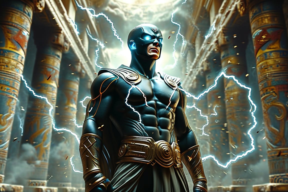 A dynamic action shot of Atta, dressed as a thunder god in flowing black battle armor with glowing, crackling veins of electricity coursing through it. He stands in the center of an ancient, mystical temple, surrounded by pillars engraved with lightning symbols, ready for combat. Captured with a high-speed Phantom Flex 4K camera, each movement is shown in stunning slow motion as he channels a storm of lightning from his hands, sending crackling bolts across the stone floor. Directed by John Woo, the scene is choreographed with cinematic precision—debris flies as Atta’s lightning shatters the pillars, while the camera circles around him, capturing every intense detail. Shafts of light break through cracks in the temple’s ceiling, illuminating Atta’s face as he gazes forward with the focus and strength of a god. Sparks dance in the air, and the rumble of thunder reverberates through the ancient hall, creating a sense of awe and impending danger. The wide-aperture lens adds depth, isolating Atta in a world of stormy, electric energy.,#$atta1,#atta,#baksidesign