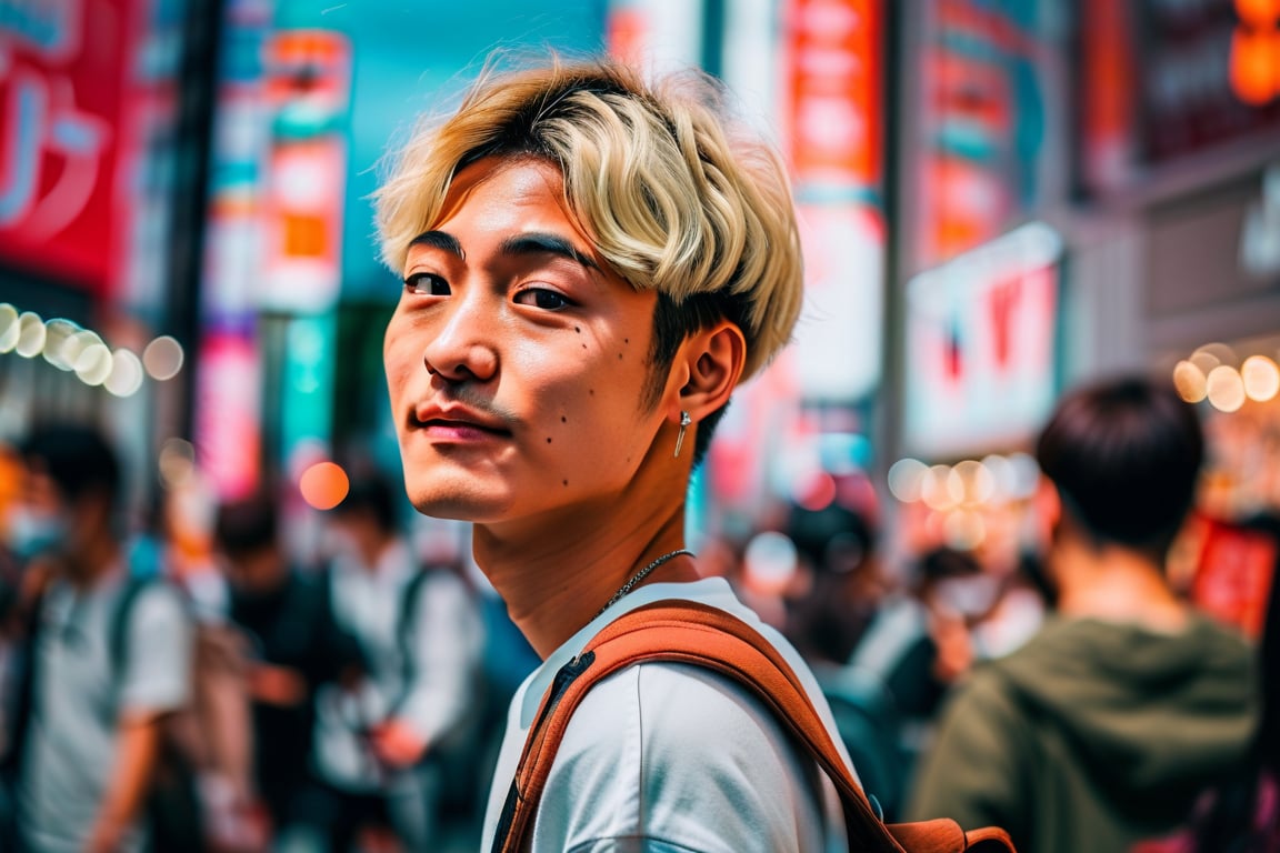 Capture a dynamic moment of a young man navigating the bustling streets of Shibuya, Tokyo. With short, light blonde hair and a bright smile, he wears a white T-shirt. Use a Sony A7 III with a 24mm f/1.4 lens, set to f/2.8 to create depth in the busy urban environment. The background features neon lights, towering billboards, and a sea of colorful street fashion, embodying the energy of the city. Capture the vibrant atmosphere as he interacts with the lively crowd, his expression radiating joy and curiosity. The scene is infused with cinematic natural lighting and a fine film grain to emphasize the excitement of city life,#$atta1,#attafutu$