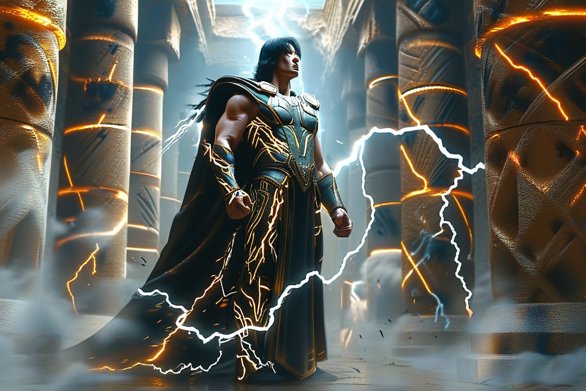 A dynamic action shot of Atta, dressed as a thunder god in flowing black battle armor with glowing, crackling veins of electricity coursing through it. He stands in the center of an ancient, mystical temple, surrounded by pillars engraved with lightning symbols, ready for combat. Captured with a high-speed Phantom Flex 4K camera, each movement is shown in stunning slow motion as he channels a storm of lightning from his hands, sending crackling bolts across the stone floor. Directed by John Woo, the scene is choreographed with cinematic precision—debris flies as Atta’s lightning shatters the pillars, while the camera circles around him, capturing every intense detail. Shafts of light break through cracks in the temple’s ceiling, illuminating Atta’s face as he gazes forward with the focus and strength of a god. Sparks dance in the air, and the rumble of thunder reverberates through the ancient hall, creating a sense of awe and impending danger. The wide-aperture lens adds depth, isolating Atta in a world of stormy, electric energy.,#$atta1,#atta,#baksidesign