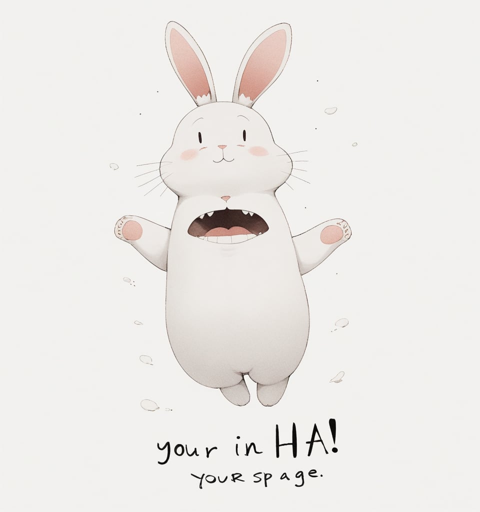 2D texture style, rabbit
Close your eyes and laugh loudly
face to sky
Mouth opened wide
white background
There is text "HA...HA..." in the blank space