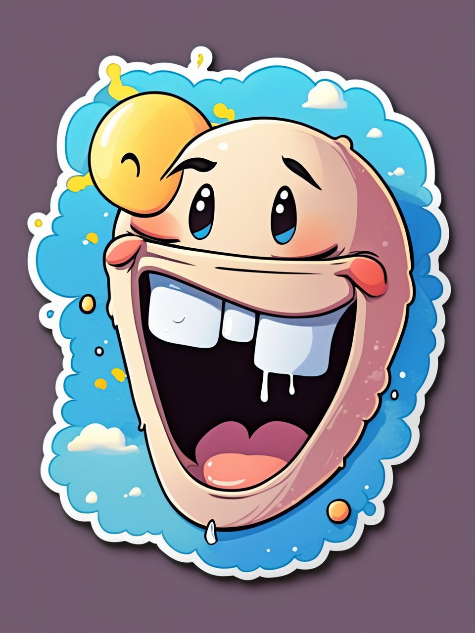 2D sticker style
laughing out loud
belly laugh
face to sky
Mouth opened wide
eyes with tears
eyes closed
There is text "HA...HA..." in the blank space
