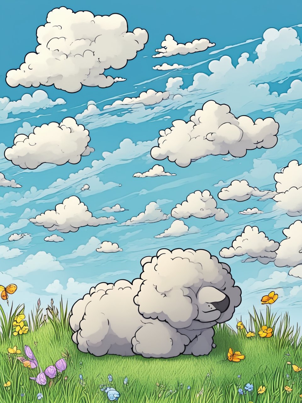 2D sticker style, outdoors, sky, day, cloud, no humans, animal, cloudy sky, grass