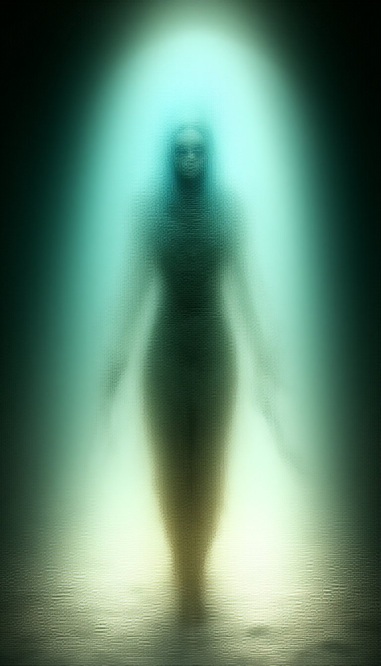 Digital artwork depicting a mystical, mummy-like character walking towards the viewer in an ancient stone tunnel. The central figure has long, flowing light blue hair that extends outward with slight transparency, creating a halo effect around its head. The character's face is skeletal with hollow eye sockets, and dark blue eyes glow eerily. Small pointed ears are visible on either side of the face. The entire body is wrapped in tattered bandages of various shades of white, beige, and gray, revealing intricate mechanical parts beneath the skin, including metallic joints and skeletal structures. The character wears a fitted dress-like garment made of similar fabric, with a high-waisted bodice and flared skirt, both showing signs of wear and tear. Tattered, frayed strips extend from the shoulders to the feet, appearing almost ethereal as they flutter behind. In the right hand, the character wields a large, curved weapon resembling a staff or sickle, featuring twisted branches and sharp metallic blades. The setting is a dimly lit stone tunnel with arched openings, weathered walls, and a worn stone floor scattered with debris and small rocks. The tunnel's rough-textured blocks are arranged irregularly, adding depth and realism to the scene. Sunlight streams through the arches at the background center, casting dramatic beams and illuminating dust particles in the air, creating a misty atmosphere and highlighting the character's features. The overall color palette includes cool tones like dark teal, slate gray, pale skin, and amber yellow, with high contrast between illuminated areas and shadows. The lighting creates a striking interplay of bright highlights and deep shadows, emphasizing the texture of the stone and the eerie nature of the character. The composition centers the enigmatic figure, capturing a moment of intense mystery and otherworldliness within this ancient, mystical environment