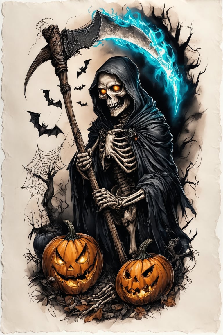 A colorized tattoo art style image of a grim reaper skeleton holding a scythe in a halloween-themed setting, drawn on a piece of paper sheet. The skeleton is intricately detailed with glowing eyes and a menacing expression, surrounded by eerie halloween elements like pumpkins, bats, and cobwebs. The tattoo is vibrant, capturing the spooky atmosphere of Halloween. The composition is dynamic, with the grim reaper's cloak flowing and the skeleton's bones appearing ghostly with glowing blue fire. The lighting is dark and moody, emphasizing the horror elements. The paper sheet is slightly wrinkled, showcasing the bold and detailed tattoo.