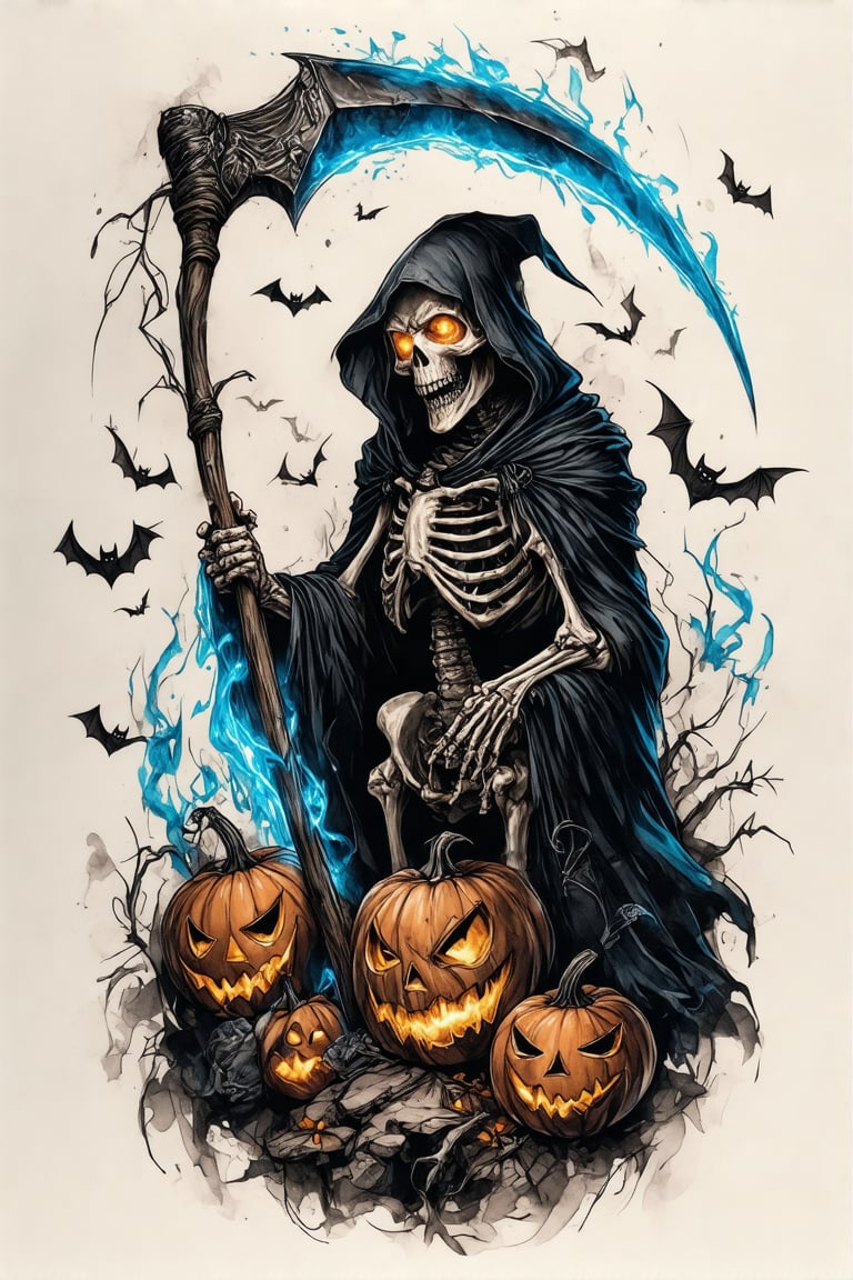 A colorized tattoo art style image of a grim reaper skeleton holding a scythe in a halloween-themed setting, drawn on a piece of paper sheet. The skeleton is intricately detailed with glowing eyes and a menacing expression, surrounded by eerie halloween elements like pumpkins, bats, and cobwebs. The tattoo is vibrant, capturing the spooky atmosphere of Halloween. The composition is dynamic, with the grim reaper's cloak flowing and the skeleton's bones appearing ghostly with glowing blue fire. The lighting is dark and moody, emphasizing the horror elements. The paper sheet is slightly wrinkled, showcasing the bold and detailed tattoo., ghosts