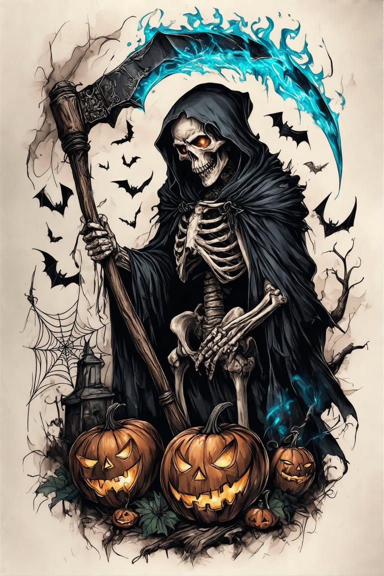 A colorized tattoo art style image of a grim reaper skeleton holding a scythe in a halloween-themed setting, drawn on a piece of paper sheet. The skeleton is intricately detailed with glowing eyes and a menacing expression, surrounded by eerie halloween elements like pumpkins, bats, and cobwebs. The tattoo is vibrant, capturing the spooky atmosphere of Halloween. The composition is dynamic, with the grim reaper's cloak flowing and the skeleton's bones appearing ghostly with glowing blue fire. The lighting is dark and moody, emphasizing the horror elements. The paper sheet is slightly wrinkled, showcasing the bold and detailed tattoo.