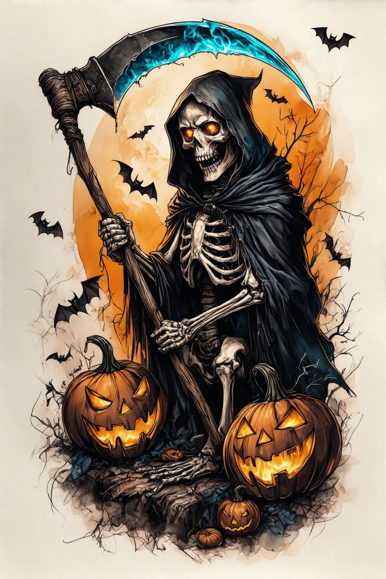 A colorized tattoo art style image of a grim reaper skeleton holding a scythe in a halloween-themed setting, drawn on a piece of paper sheet. The skeleton is intricately detailed with glowing eyes and a menacing expression, surrounded by eerie halloween elements like pumpkins, bats, and cobwebs. The tattoo is vibrant, capturing the spooky atmosphere of Halloween. The composition is dynamic, with the grim reaper's cloak flowing and the skeleton's bones appearing ghostly with glowing blue fire. The lighting is dark and moody, emphasizing the horror elements. The paper sheet is slightly wrinkled, showcasing the bold and detailed tattoo.